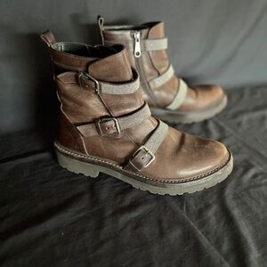 Brunello Cucinelli Brown Leather Monili Triple Strap Moto Women's Boots